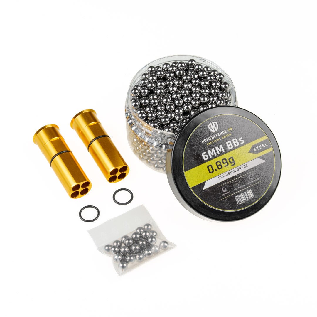 Bundle – 2x Shotshell Cal. 68 + Buttstock Adapter + 750x 6mm Steel BBS | HDS68 t4e | 4x3 6mm | ALU Gold eloxiert